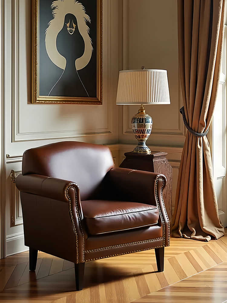 Vintage Genuine Leather Club Chair – Retro Small Living Room Accent Armchair, Brown Tufted Reading Lazy Chair