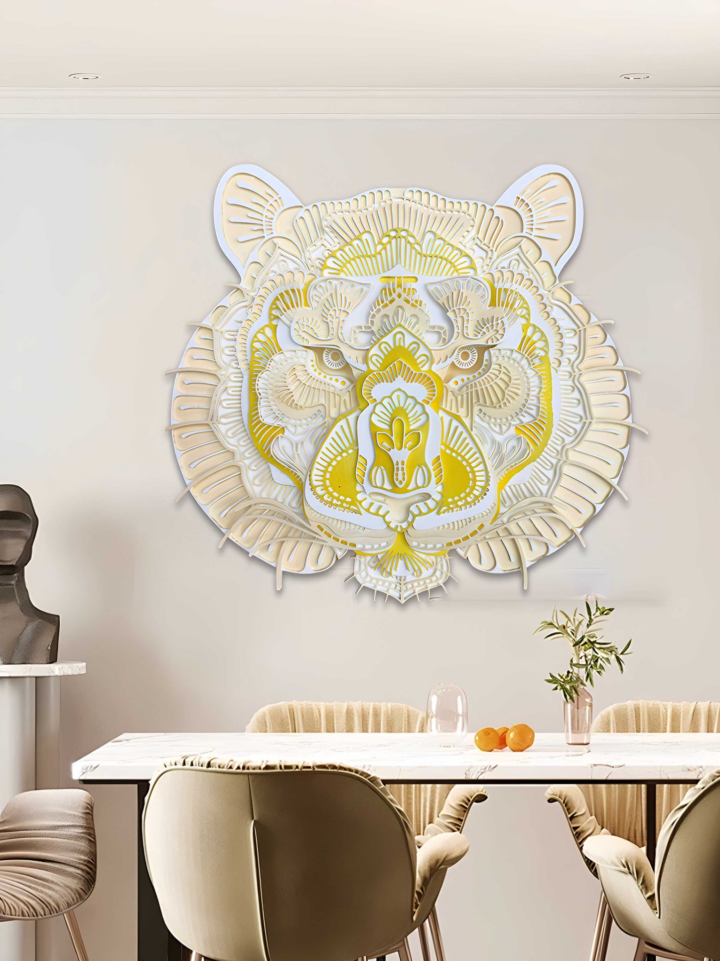 3D Layered Tiger Wall Art – Modern Wooden Animal Head Sculpture, Living Room Sofa Backdrop, Creative Carved Decor