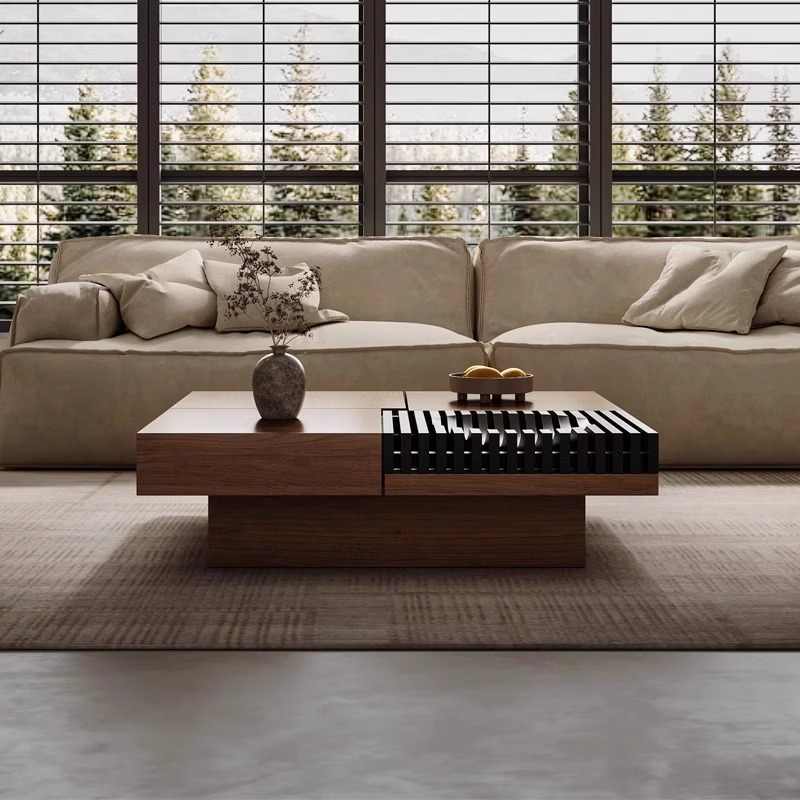 Mid-Century Walnut Coffee Table with Black Slat Detail – Modern Design Square Low Table, Contemporary Living Room Centerpiece with Storage Element