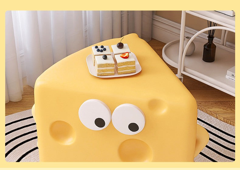 Cute Cheese Block Coffee Table, Instagram-Style Cartoon Side Table with Googly Eyes, Cream Aesthetic Nightstand for Kids Room, Living Room