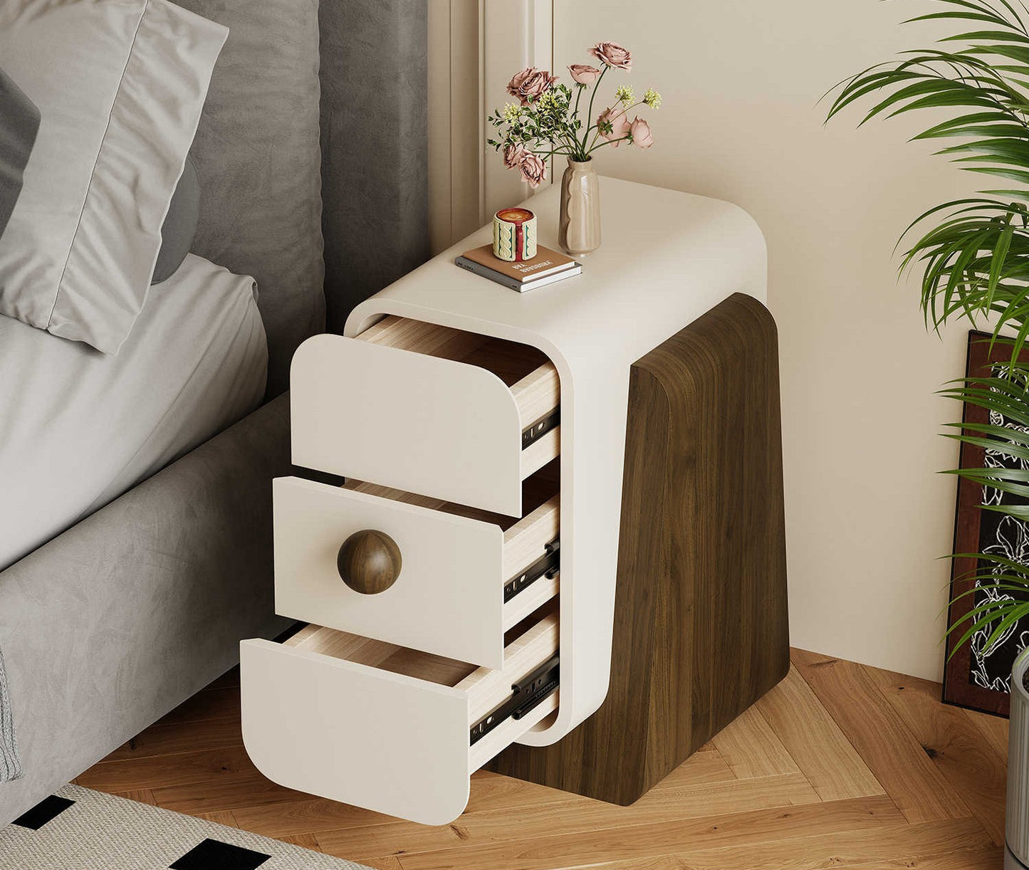 Modern Black Walnut Narrow Nightstand with Drawer, 30cm Wide Space-Saving Bedside Table with AI Design Patent