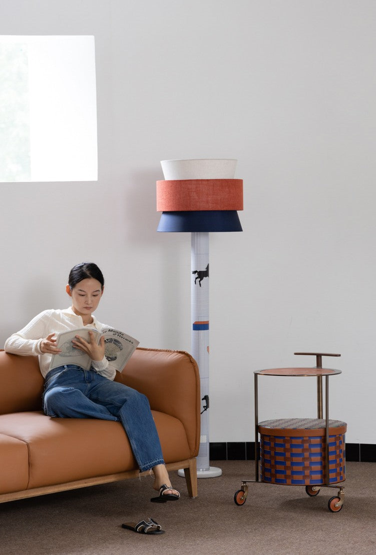 Modern Linen Color Block Floor Lamp, Blue Orange Accent, Adjustable Three-Tone Light for Living Room, Bedroom, Office