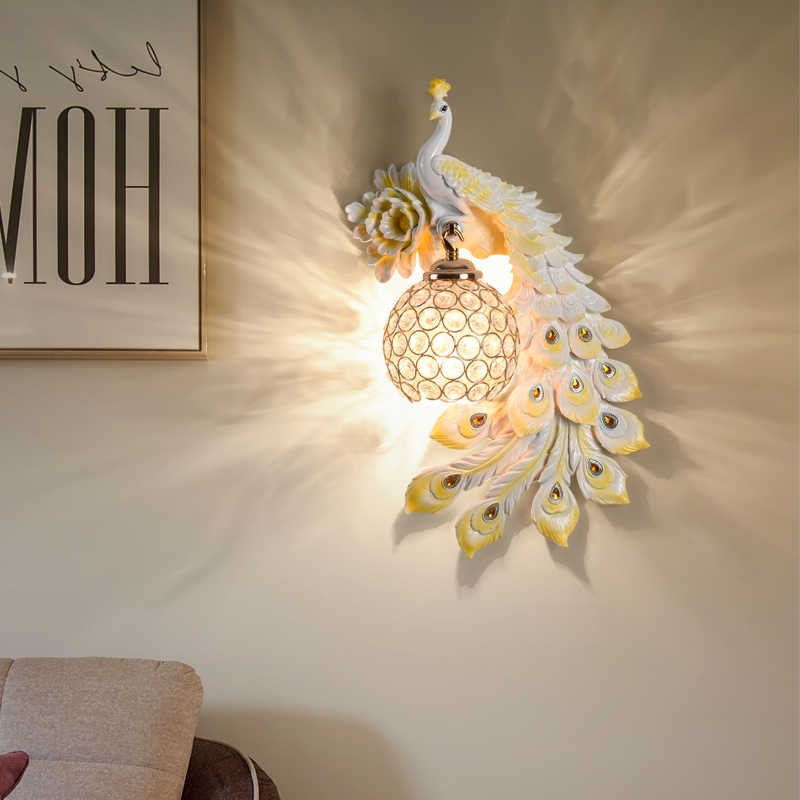 Luxury White Peacock Wall Lamp (Rechargeable Pair), Resin & Crystal Modern Decor Sconce for Living Room, Bedroom, Staircase