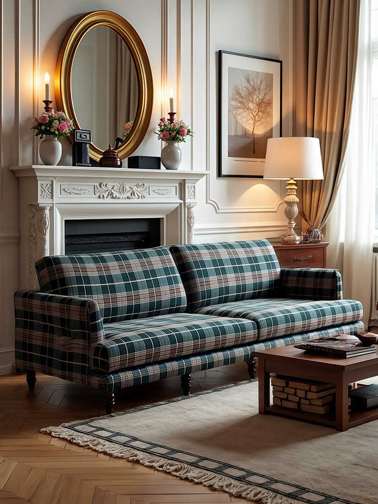 Vintage Plaid Designer Sofa – Colonial 3-Seater for Living Room, Homestay, Retro Guest Lounge