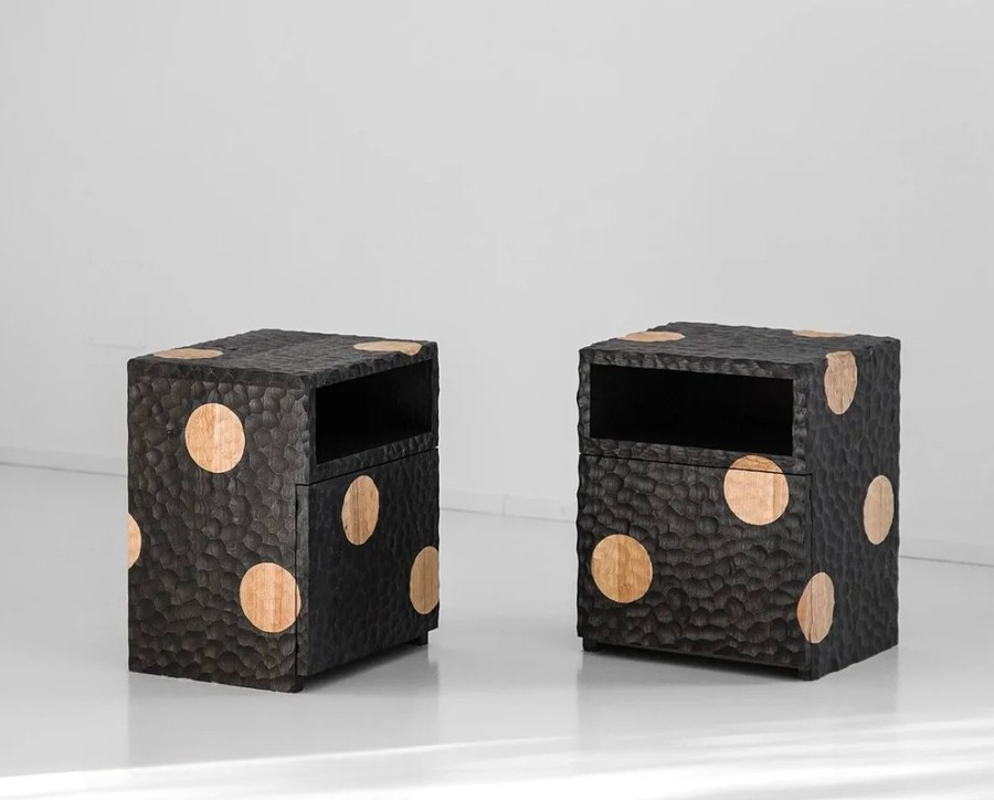 Hammered Solid Wood Nightstand, Artistic Minimalist Bedside Table, Creative Asian Style Storage Cabinet