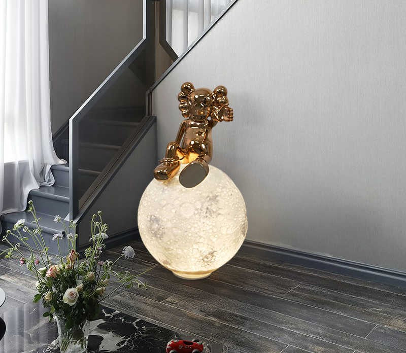 Modern Designer Bear Figurine Moon Lamp, Large Cartoon Sculpture for Living Room, Nursery & Staircase Decor, Luxury Creative LED Art