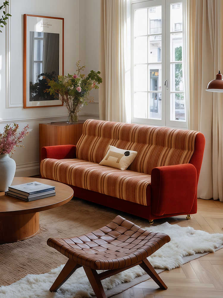 Vintage Chenille Fabric Sofa – Designer Striped 3-Seater Couch for Living Room, Homestay, Apartment