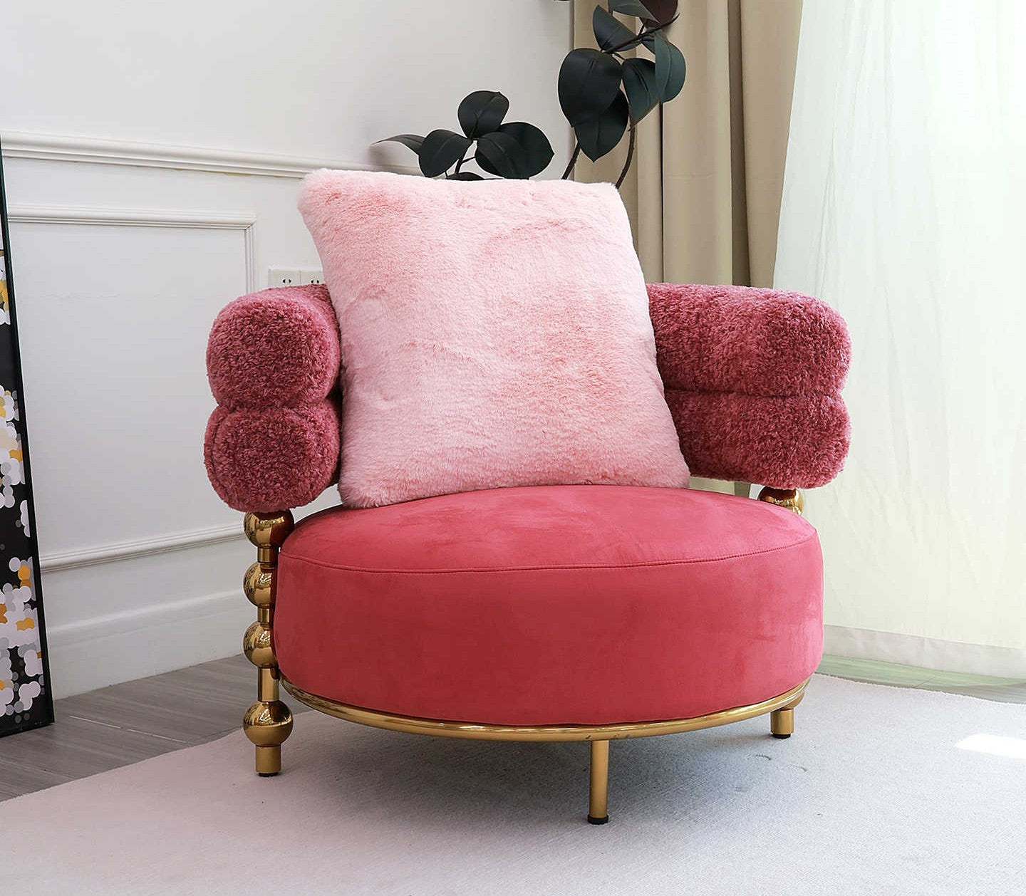 Luxury Pink Teddy Fleece Accent Chair, Italian French Designer Single Seat Armchair with Gold Legs, Removable Washable Cover