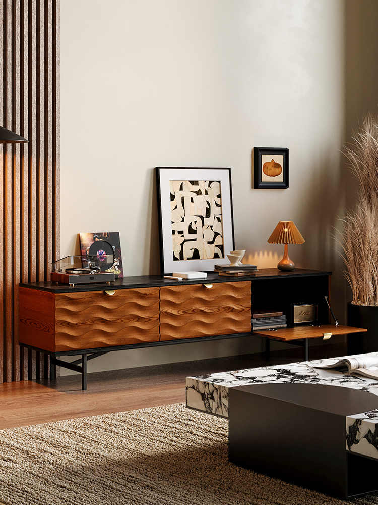 Vintage Solid Wood TV Cabinet – Luxury Wave Pattern Storage Sideboard, Modern Living Room Media Console with Drawers