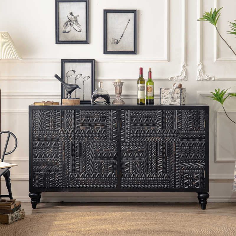 Vintage Hand-Carved Console Cabinet, Wabi-Sabi Distressed Wood Sideboard, Entryway Storage Buffet for Dining Room, Living Room, Hotel
