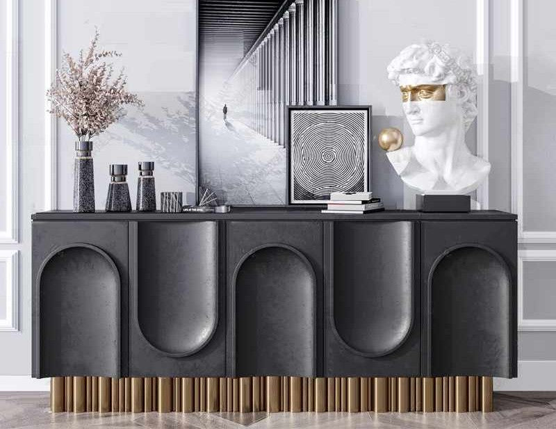 Luxury Modern European Sideboard Buffet – Black and Gold Entryway Accent Cabinet, Designer Decorative Storage Credenza for Living Room, Foyer, or Dining Room