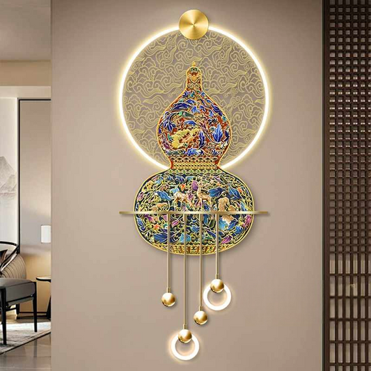 Luxury Enamel Gourd Wall Art with LED Light, Modern Style Gold Metal Sculpture for Entryway, Double Deer Blessing Decorative Panel