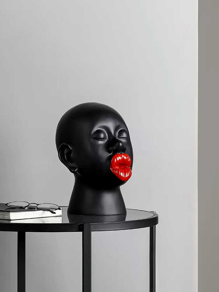 Black Portrait Bust Sculpture with Red Lips – Modern African-Inspired Art Figurine for Living Room & Desktop Display