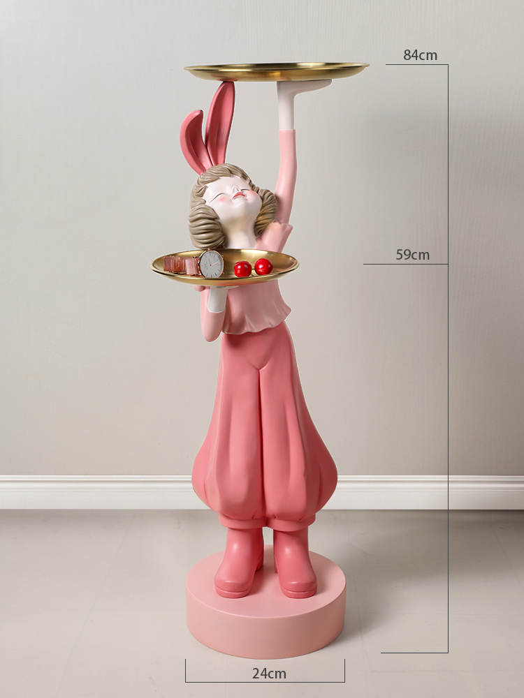 Luxury Modern Girl Bunny Floor Tray Decor, Large Pink Standing Decorative Sculpture Accent Table for Living Room, Entryway, Home Gift