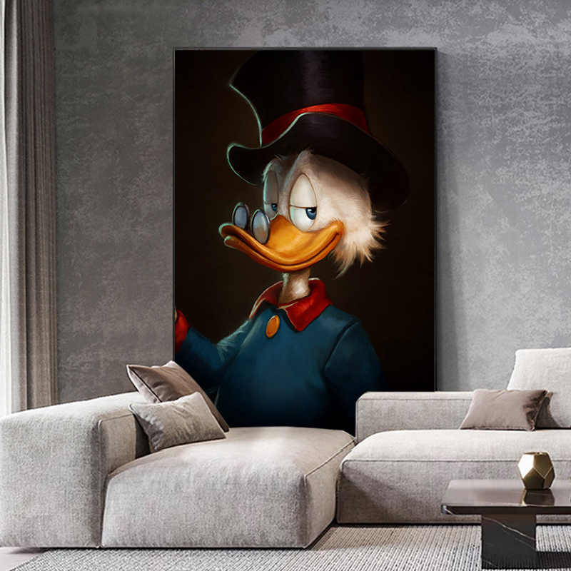 Hand-Painted Scrooge Duck Oil Painting, Large Cartoon Animal Modern Wall Art, Entryway, Living Room & Bedroom Decorative Panel, Black Aluminum Frame