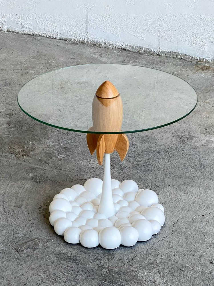 Modern Rocket Designer Coffee Table – Minimalist Resin & Glass Creative Side Table, Trendy Studio Accent for Living Room & Office