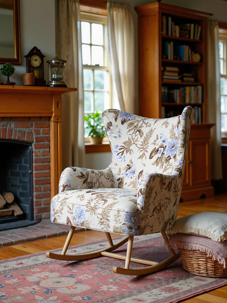 Vintage Designer Solid Wood Floral Rocking Chair – Retro Lounge Armchair for Living Room, Bedroom and Leisure Space