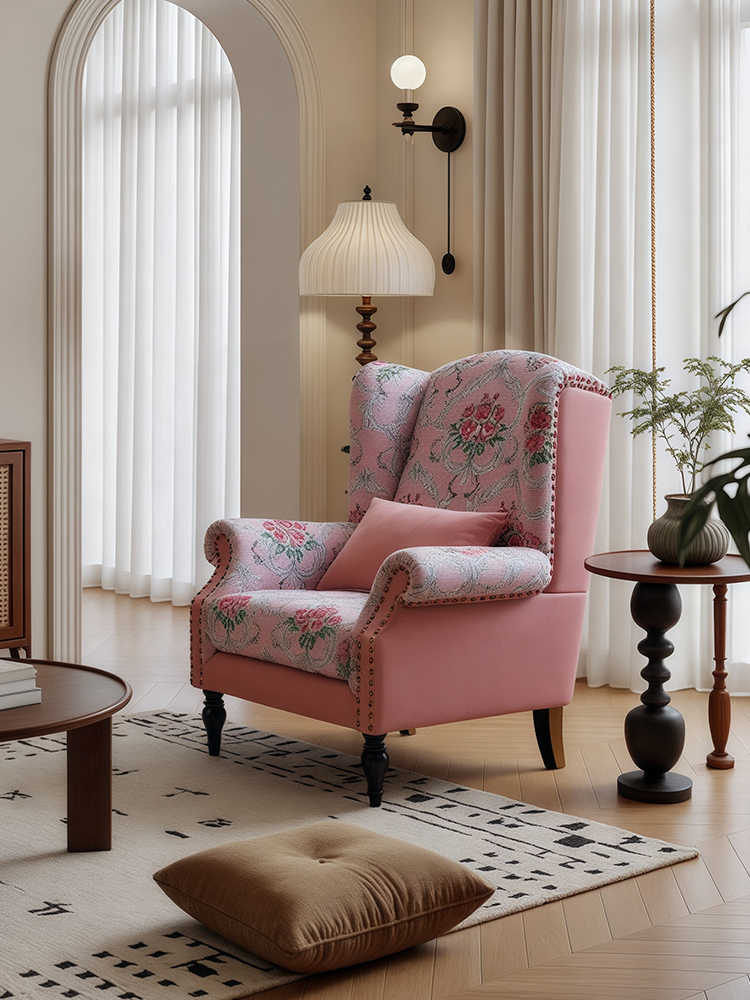 Vintage Pink Rose Manor Chair – Retro High-Back Sofa with Ottoman, Living Room/Bedroom/Designer Balcony