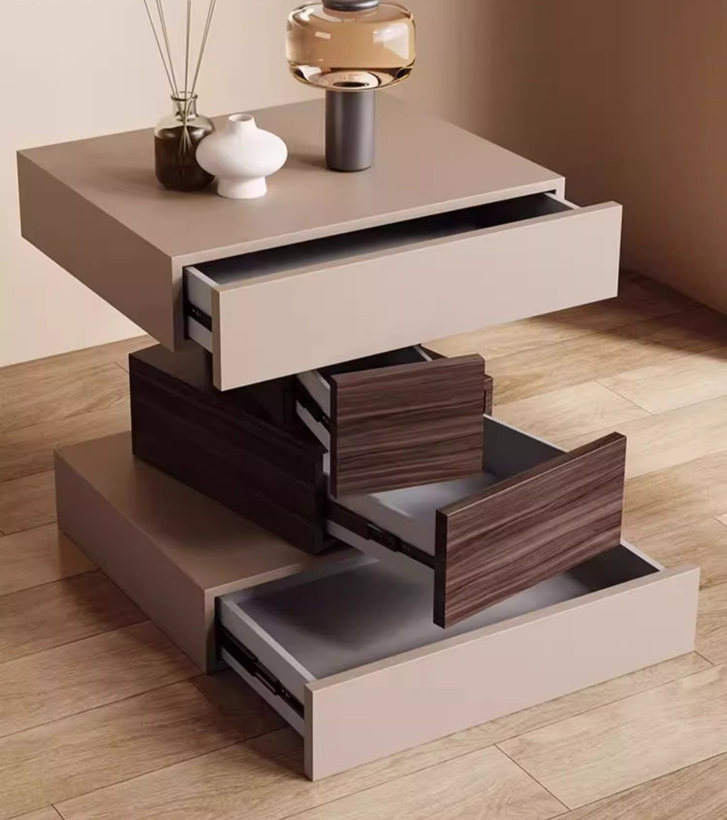 New Modern Italian Luxury Nightstand – Contemporary Sculptural Bedside Table with Geometric Design, Premium Wood & Cream Finish
