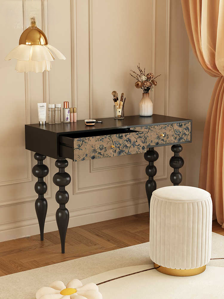 Vintage Solid Ash Wood Dressing Table, Black Retro Vanity & Writing Desk for Bedroom, Small Apartment