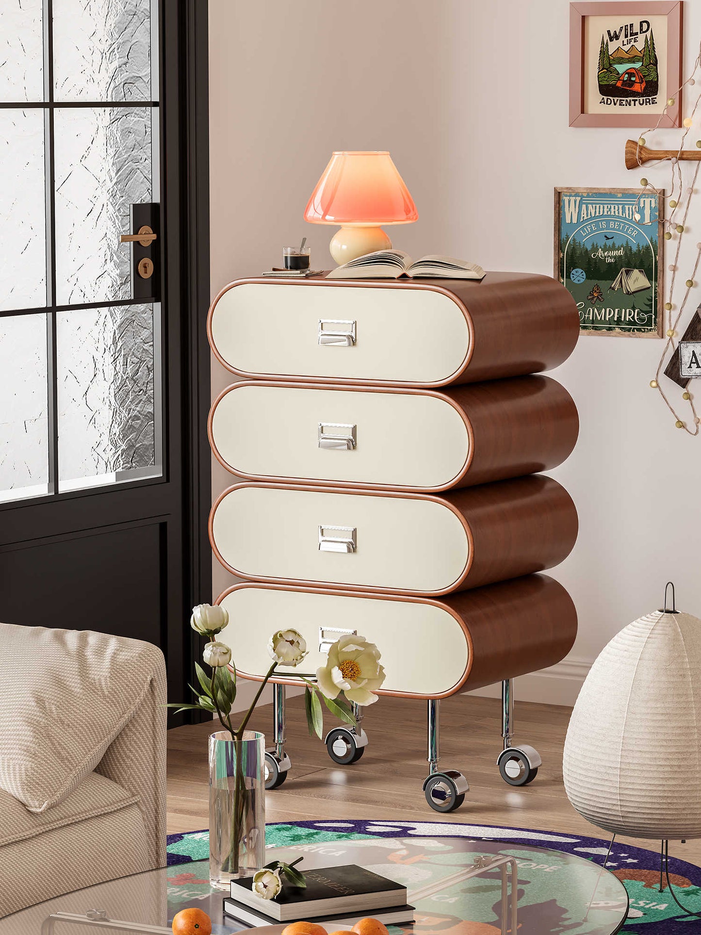 French Cream Oval Chest with Casters – Modern Mobile 4-Drawer Storage Cabinet, Two-Tone Walnut and White Accent Dresser for Small Spaces