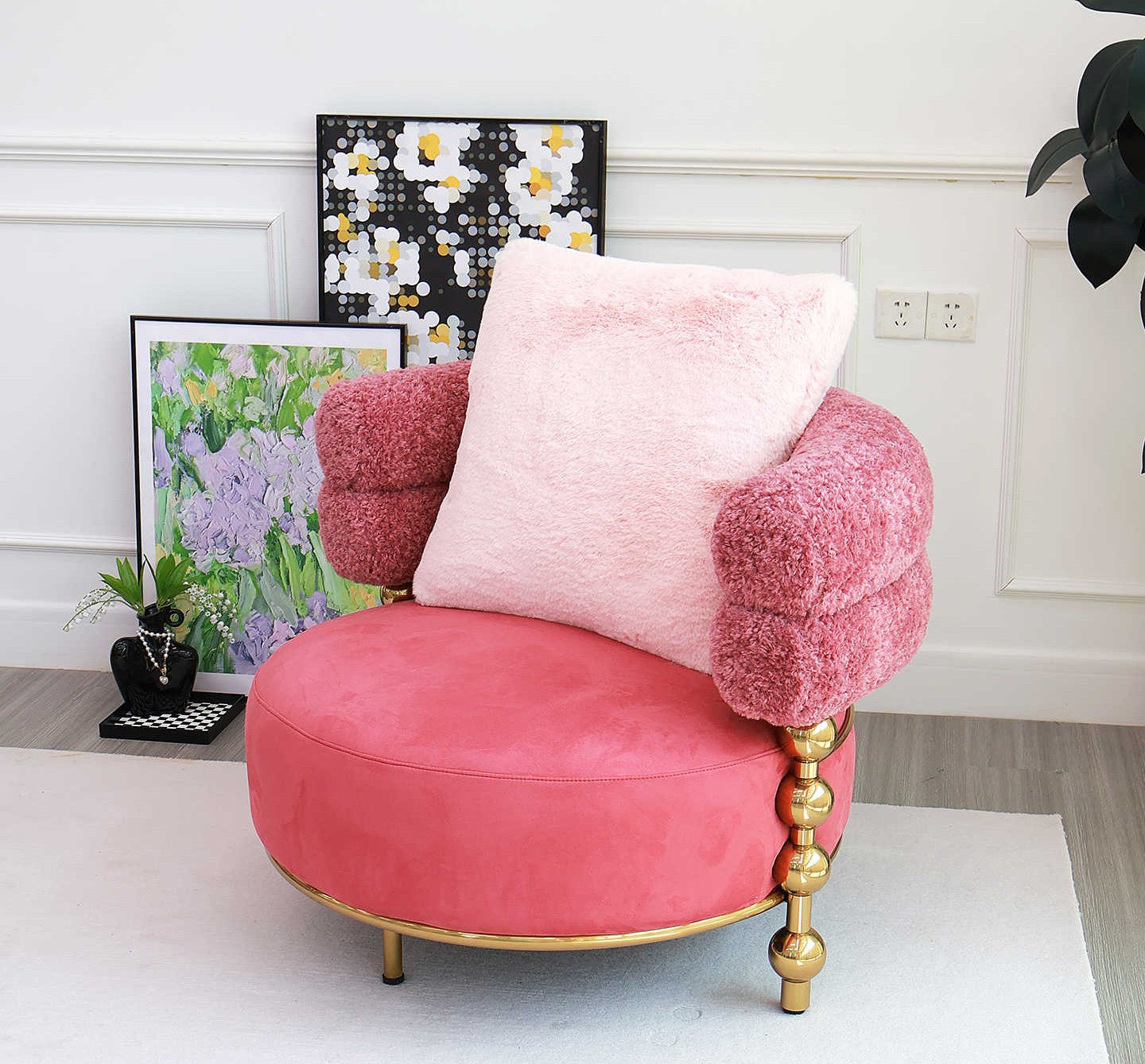 Luxury Pink Teddy Fleece Accent Chair, Italian French Designer Single Seat Armchair with Gold Legs, Removable Washable Cover