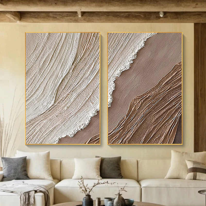 Modern Abstract Textured Ocean Waves Hand-Painted Canvas Wall Art Set of 2, Large Style Painting for Living Room, Entrance Decor, Black Aluminum Alloy Frame
