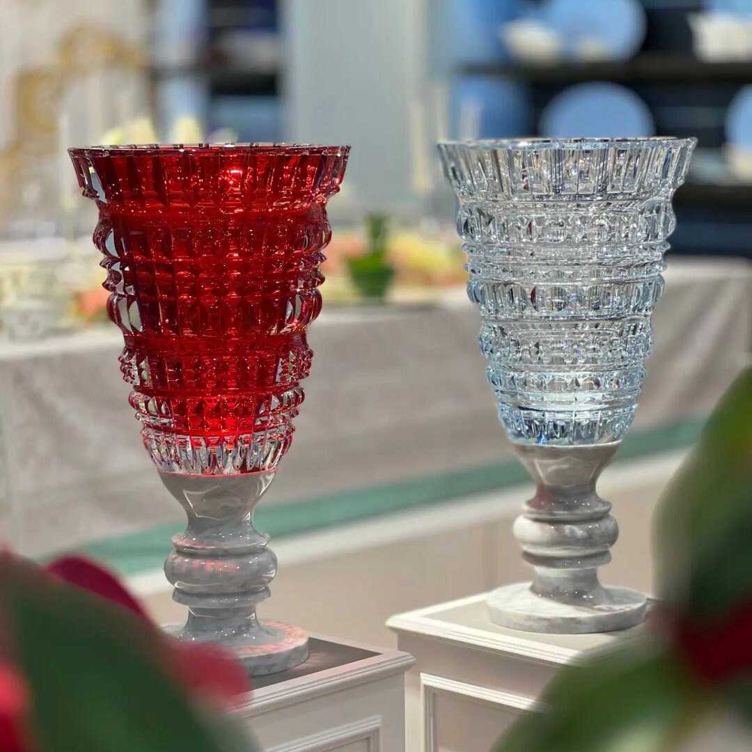 Luxury Red Crystal Vase with Marble Base, Modern Decorative Centerpiece for Living Room Entryway Bedroom, 15.3 Inch Designer Lily Flower Holder
