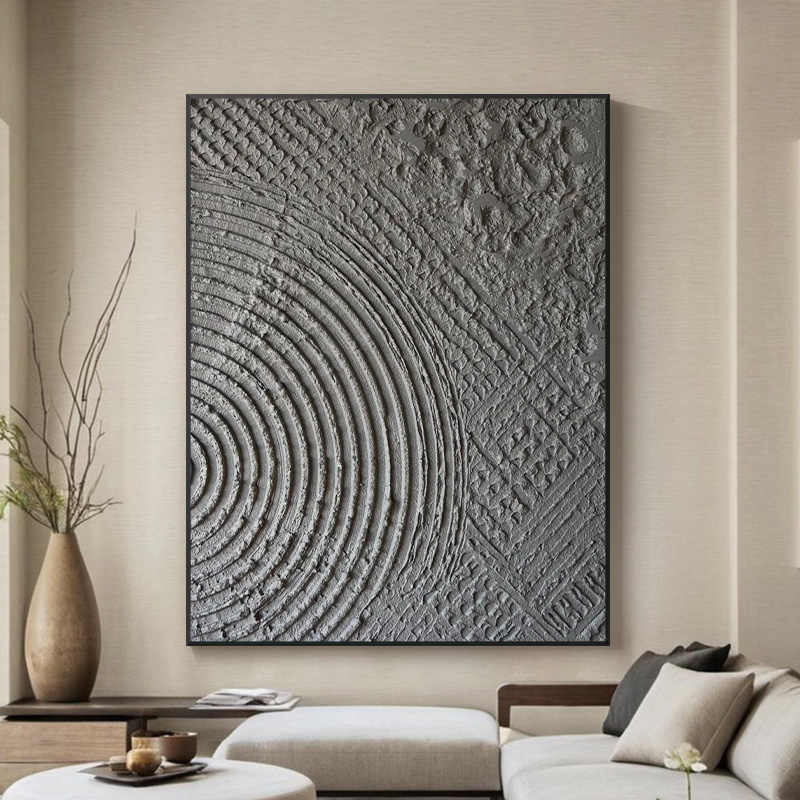 Minimalist Abstract Relief Wall Art, Hand-Painted Textured Oil Painting with Modern Black Aluminum Frame
