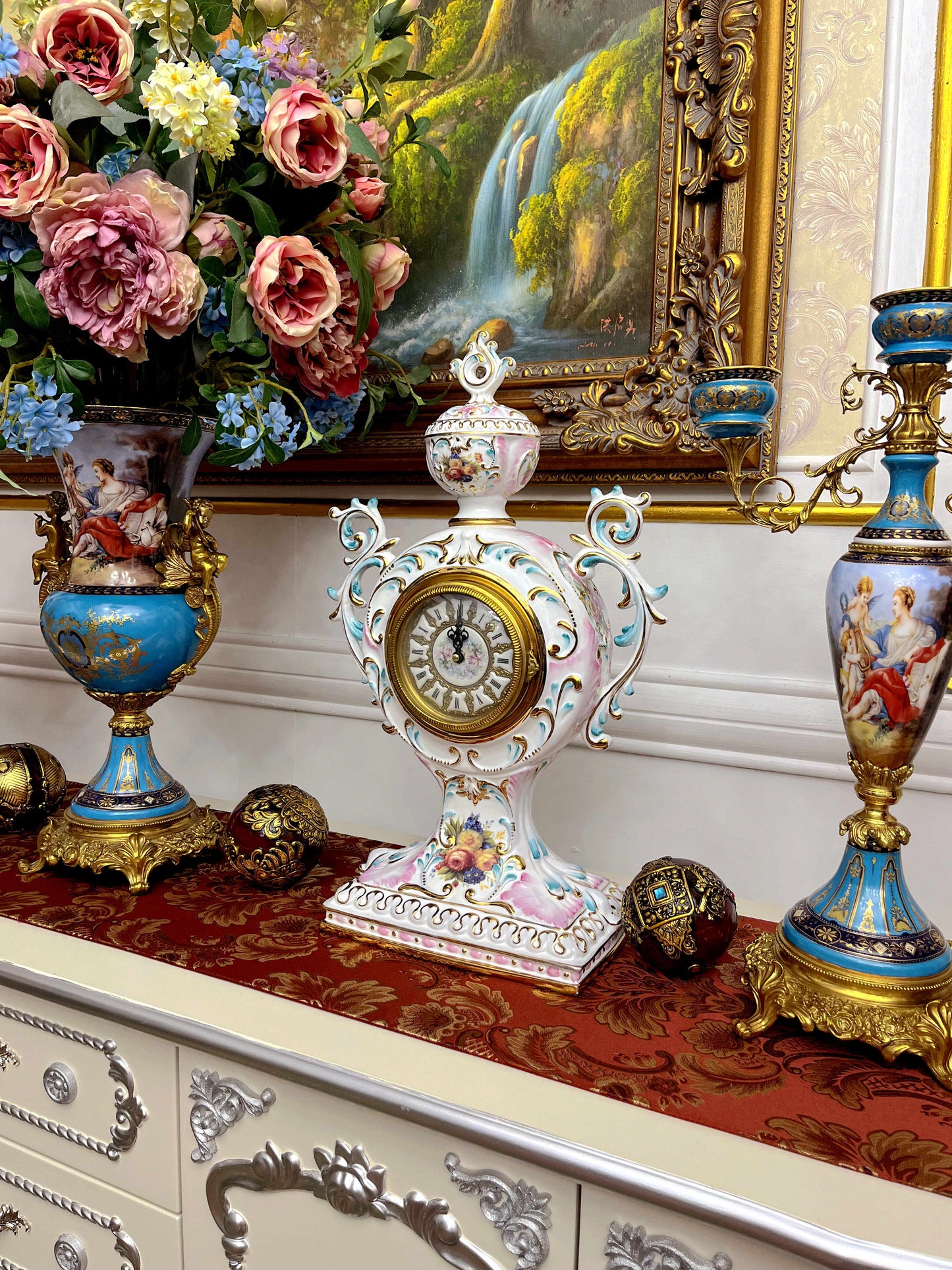 Palace Hand-Painted Porcelain & Bronze Mantel Clock, Luxury White 24-Inch Villa Fireplace Decorative Antique