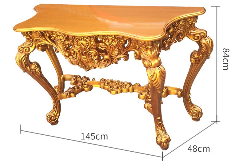 European Baroque Gold Console Table, Ornate Hand-Carved Floral Entryway Table with Curved Legs, Luxury Hall Display Table for Living Room, Foyer
