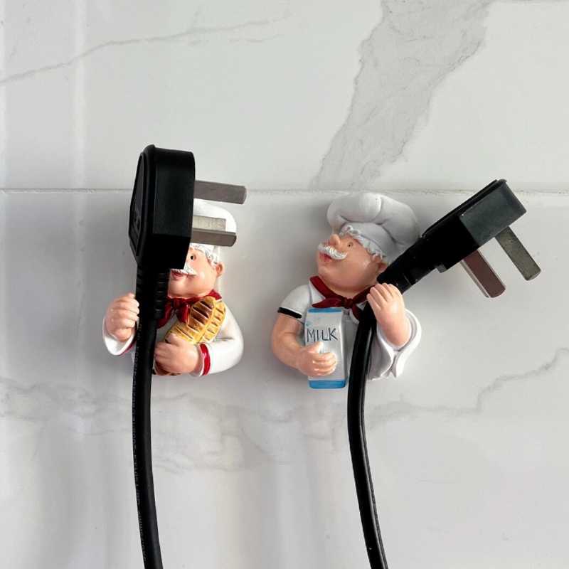 Cute Cartoon Chef Power Cord Organizer Hooks, Resin Kitchen Wall Hooks Set, Bread & Milk Design Cable Management