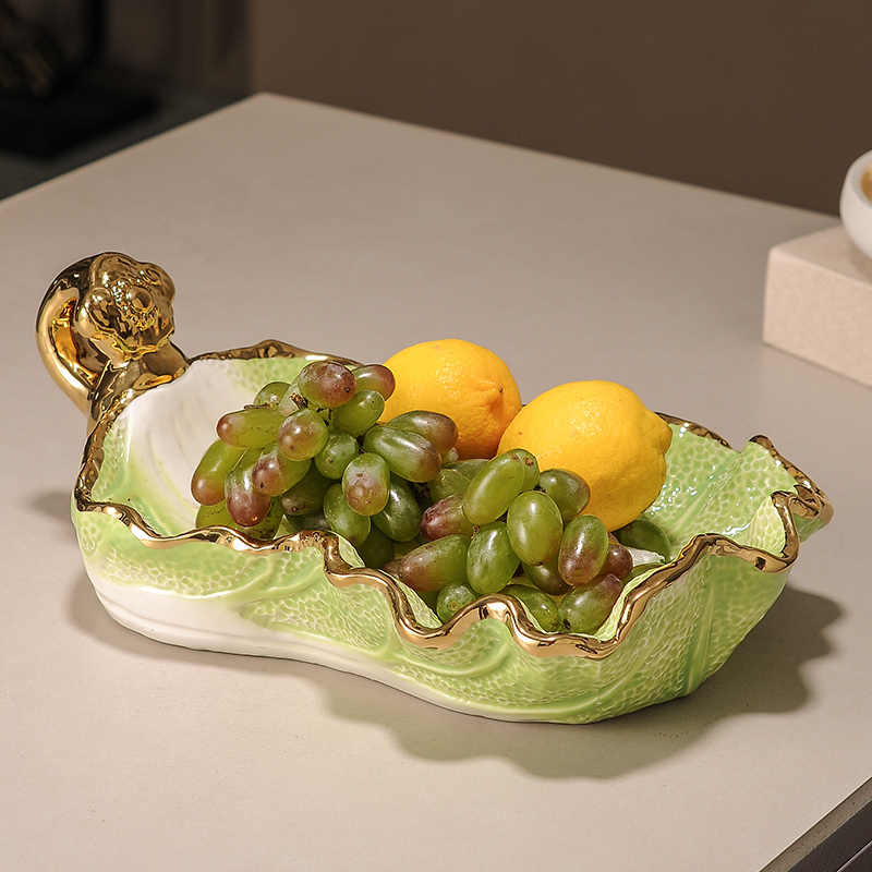 Luxury Cabbage Ceramic Fruit Plate, High-End Green Gold Home Table Centerpiece for Living Room, Tea Table, or Gift