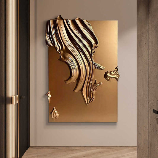 Luxury 3D Abstract Wood Embossed Wall Art, Hand-Painted Golden Statement Piece for Hallway or Duplex Living Room, Vertical Unframed Decor