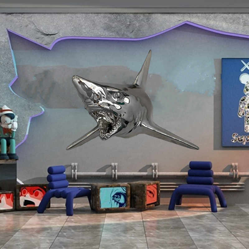 Silver-Plated Shark Head Wall Decor, Realistic Animal Sculpture for Bar, Restaurant, Home Interior Accent, Modern Coastal 3D Wall Hanging