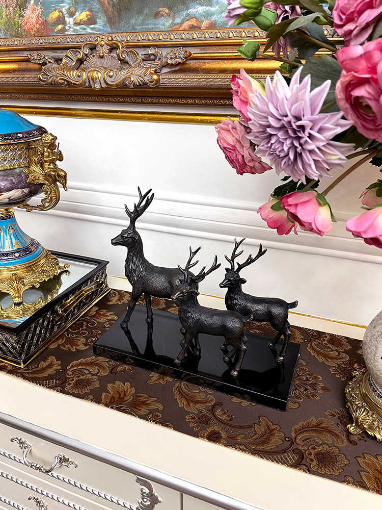 Luxury Bronze Deer Figurine with Marble Base – Decorative Sculpture for Living Room, Villa Entryway, Office Bookshelf