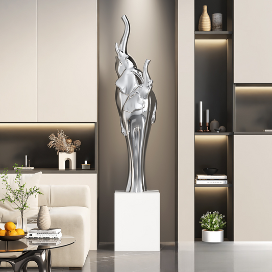 Large Silver Chrome Elephant Floor Sculpture – Modern Luxury Abstract Art Decor for Living Room, Entryway, or Office