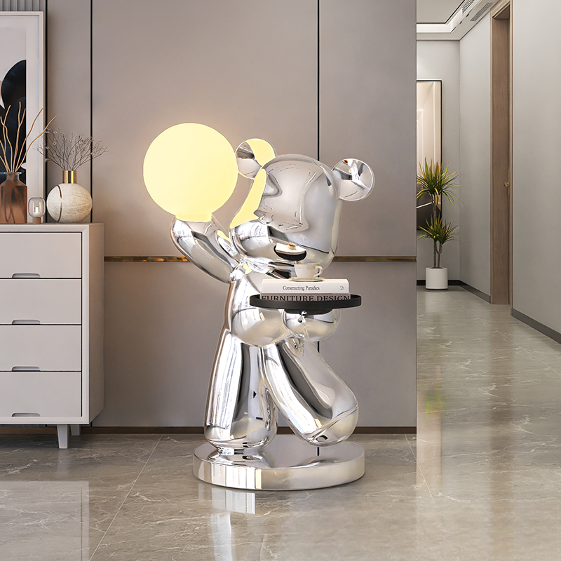 Modern Chrome Bear Floor Lamp with Tray – Statement Sculpture Accent Table for Living Room, Bedroom, or Office