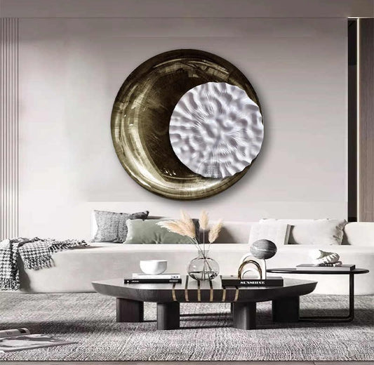 Large 3D Round Wall Art – Modern Embossed Abstract Green Oil Painting, Sandstone Relief, Minimalist Living Room, Hotel Lobby, Foyer Decor