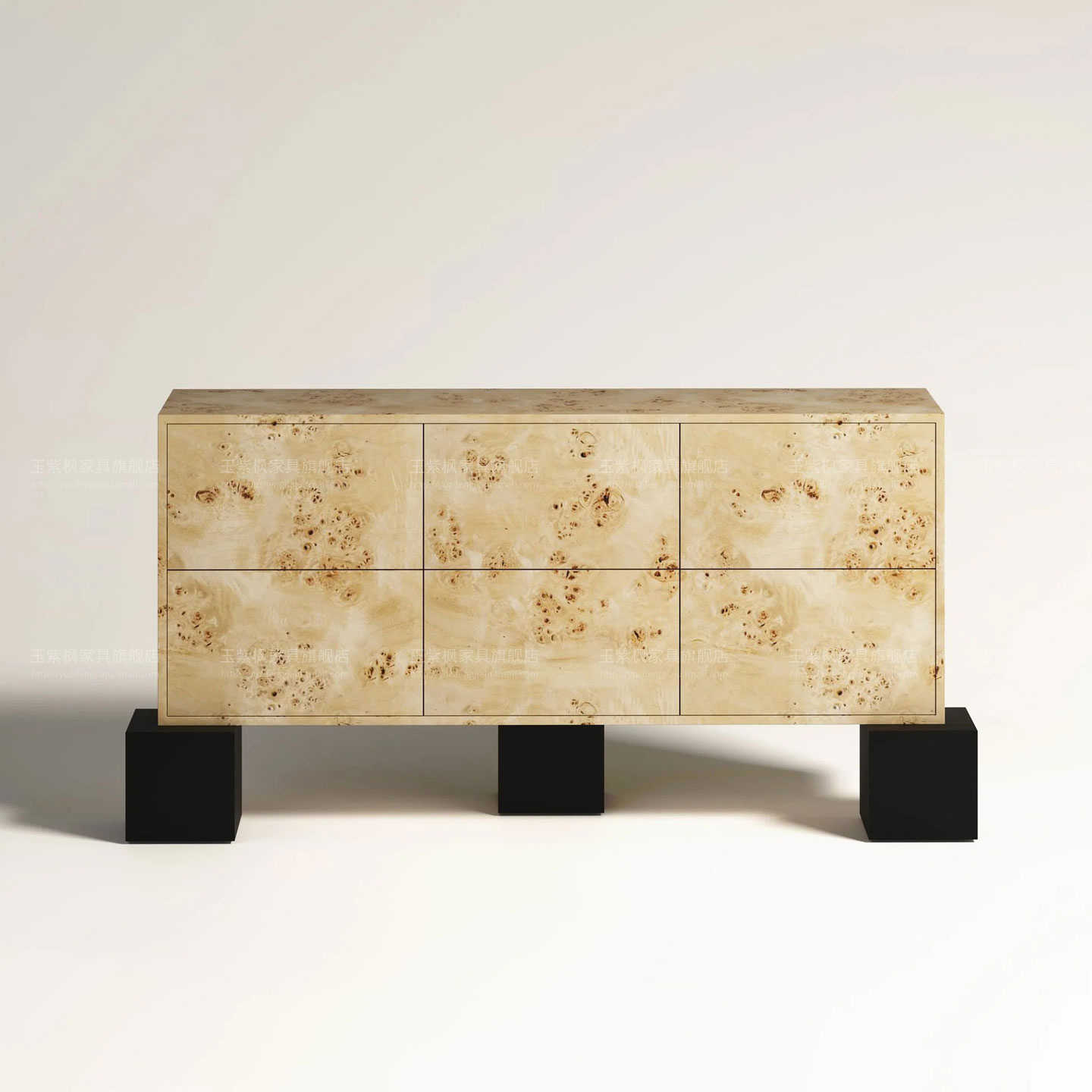 Mid-Century Vintage Burl Wood Six-Drawer Sideboard, Retro Solid Wood Storage Cabinet for Living Room, Bedroom, Accent Wall