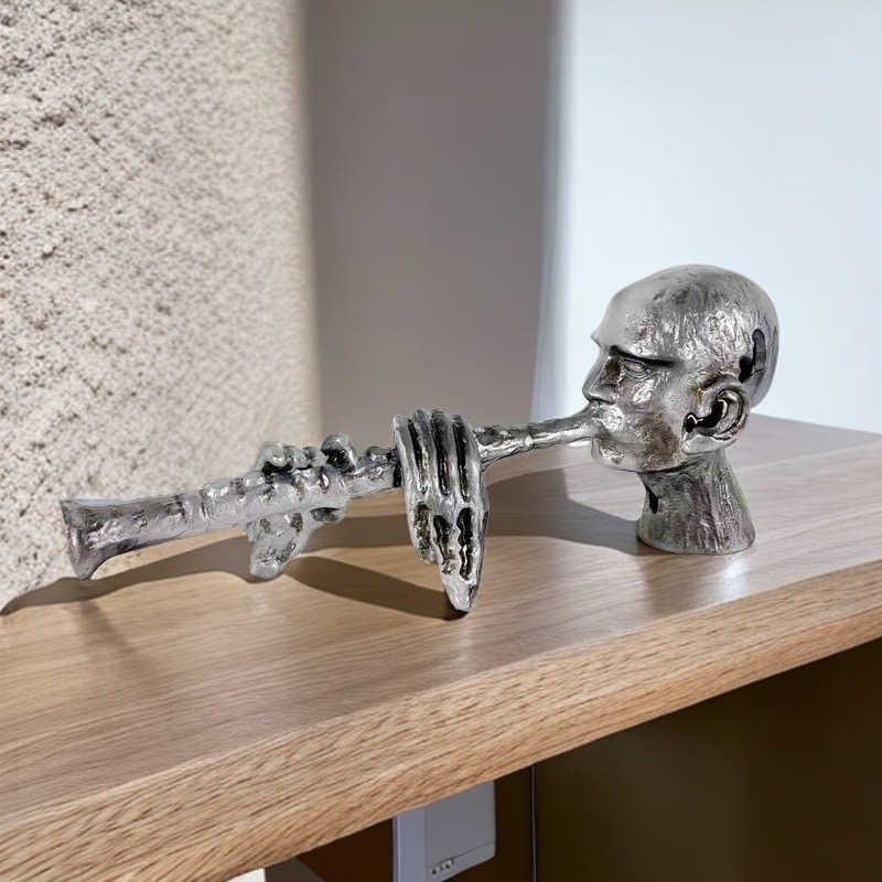 Flute Player Sculpture – Artistic Metal Figurine of Musician for Entryway, Study & Hotel Decor