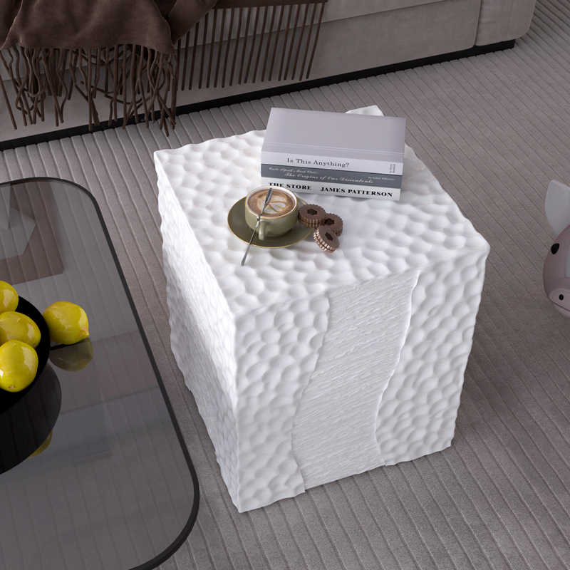 Abstract Side Table, Minimalist Textured White Coffee Table for Living Room, Sculptural Bedside Storage Accent