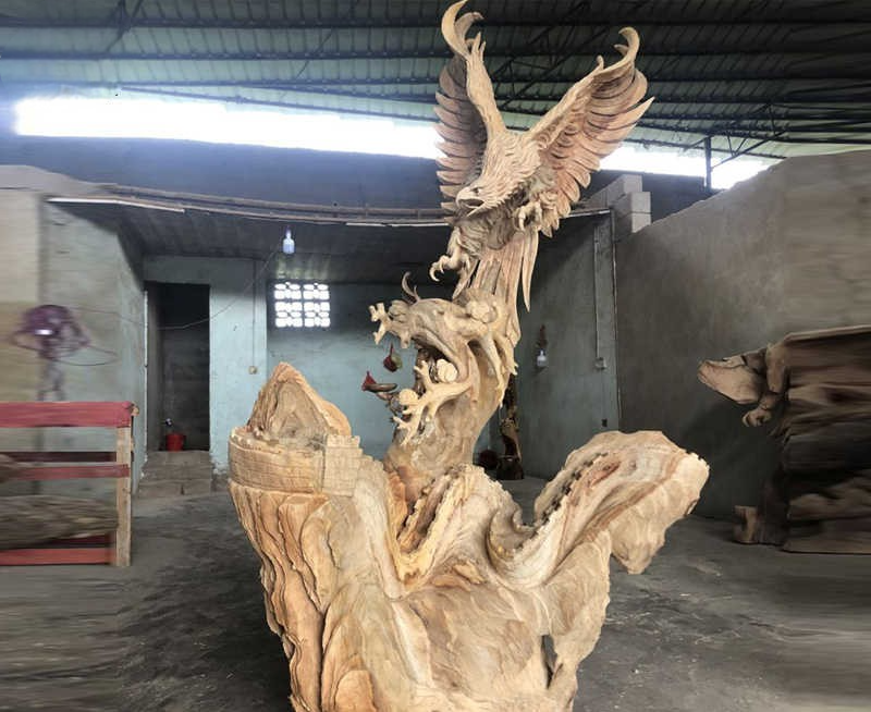 Large Solid Wood Eagle & Dragon Sculpture – Grand Opening Gift, Hand-Carved Floor Art, Prosperity Statement Piece for Living Room or Office, Over 2 Meters