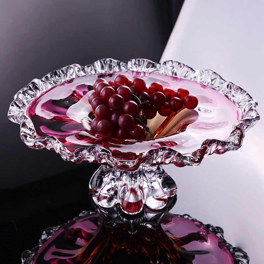 European Luxury Crystal Glass Pedestal Fruit Bowl, Pink Amber Gradient Compote with Ruffled Edge for Living Room, Elegant Footed Serving Dish Showroom Decor