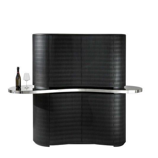 Curved Bar Cabinet in Black – Modern Sculptural Wine Display with Stainless Steel Accents, Designer Luxury Storage Cabinet for Contemporary Living Rooms
