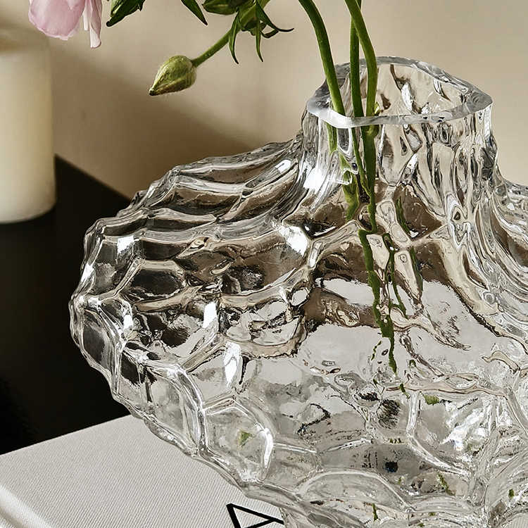 Valley Stream Art Transparent Glass Vase, Modern Minimalist Creative Flower Vessel with Textured Pattern for Boutique Hotel Showroom Decor