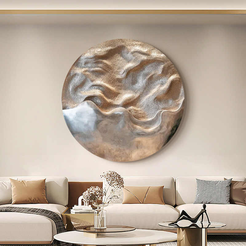 Luxury Round 3D Sandstone Relief Wall Art, Hand-Painted Frameless Decorative Sculpture, Large Modern Circle Hanging Artwork for Living Room, Hotel, Hallway