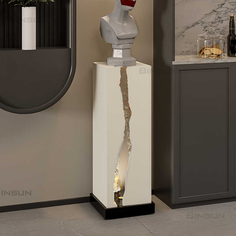 Stone Texture Display Pedestal with Built-in LED Lighting, Luxury Ivory White Column Stand with Gold Accents