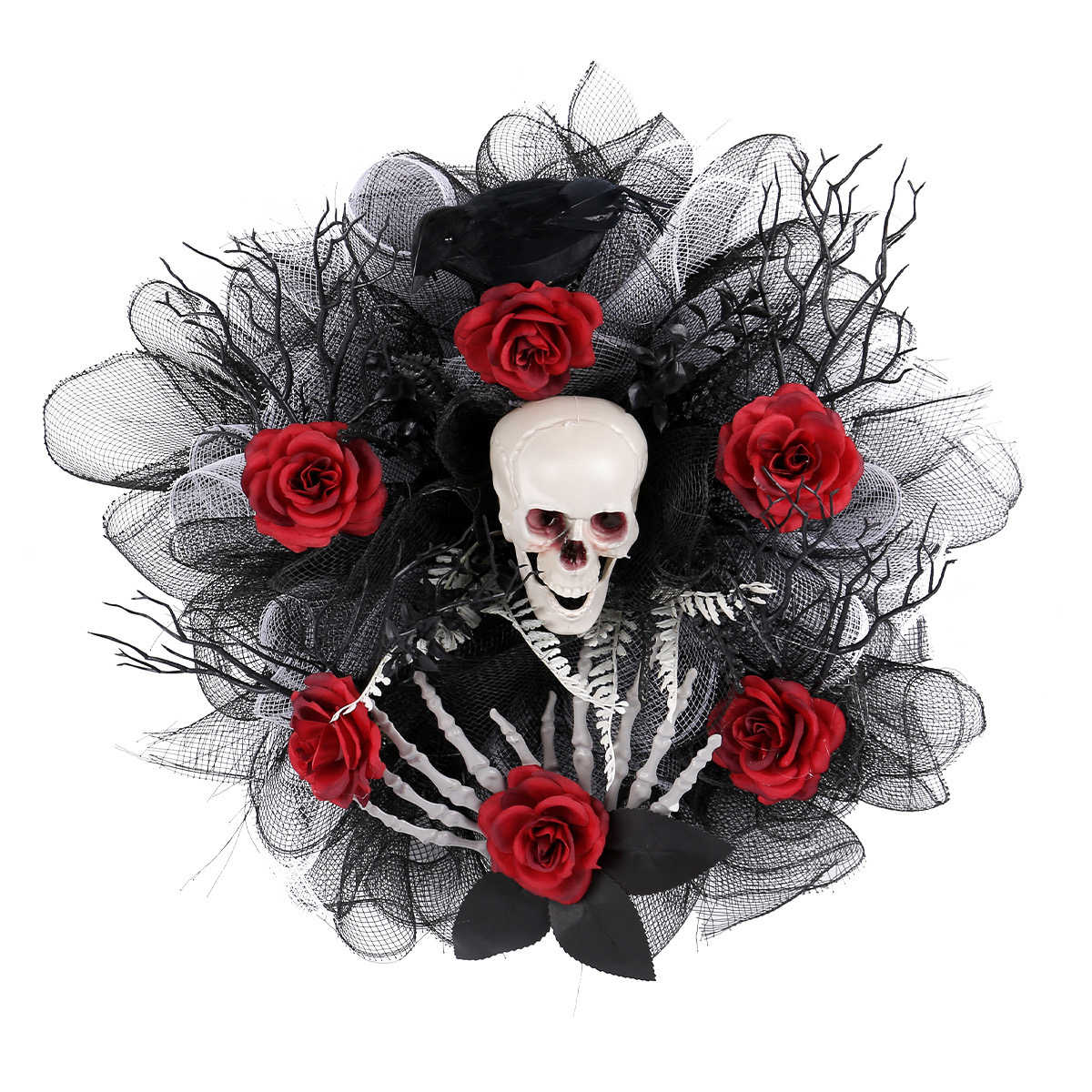 Spooky Halloween Skull Wreath with Red Roses – Creepy Skeleton Door Decoration for Haunted House, Bar, Escape Room, Horror Scene Props