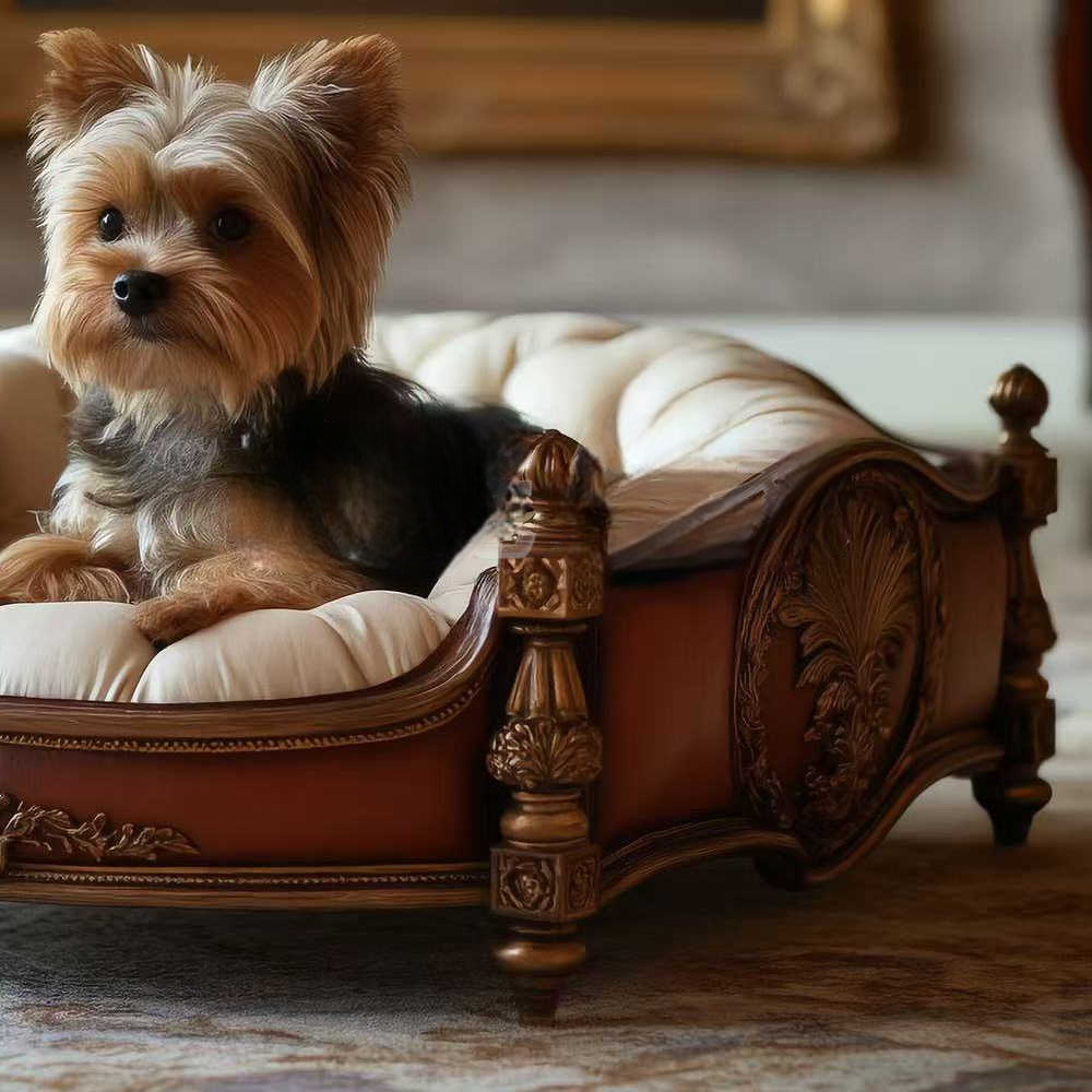 Luxury Solid Wood Pet Sofa Bed – Handcrafted Designer Cat & Dog Chaise Lounge, High-End Ornate Furniture with Plush Cushion